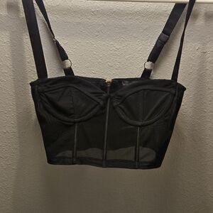 White Fox Black Mesh Bustier Crop Top – Adjustable silk Straps small.